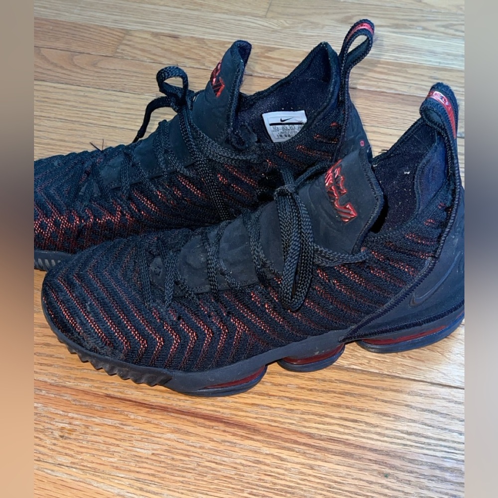 Nike LeBron 16s Men's Black and Red basketball shoes.